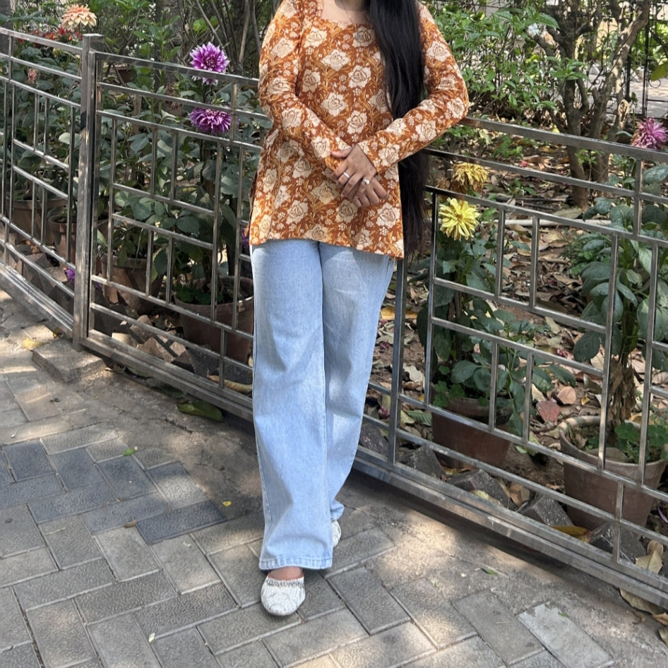 Mustard Meadow Floral Short Kurti 🌻