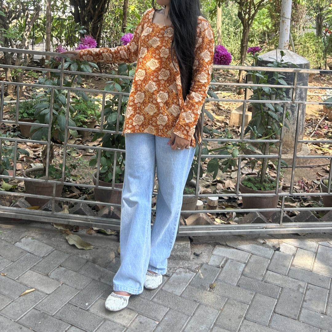 Mustard Meadow Floral Short Kurti 🌻