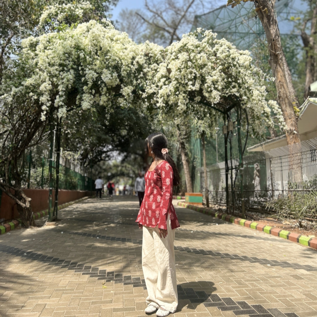 Vintage Red Floral A-Line Kurti ✨