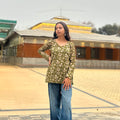 🌿 Elegant Olive Floral Straight Kurti – Full Sleeves